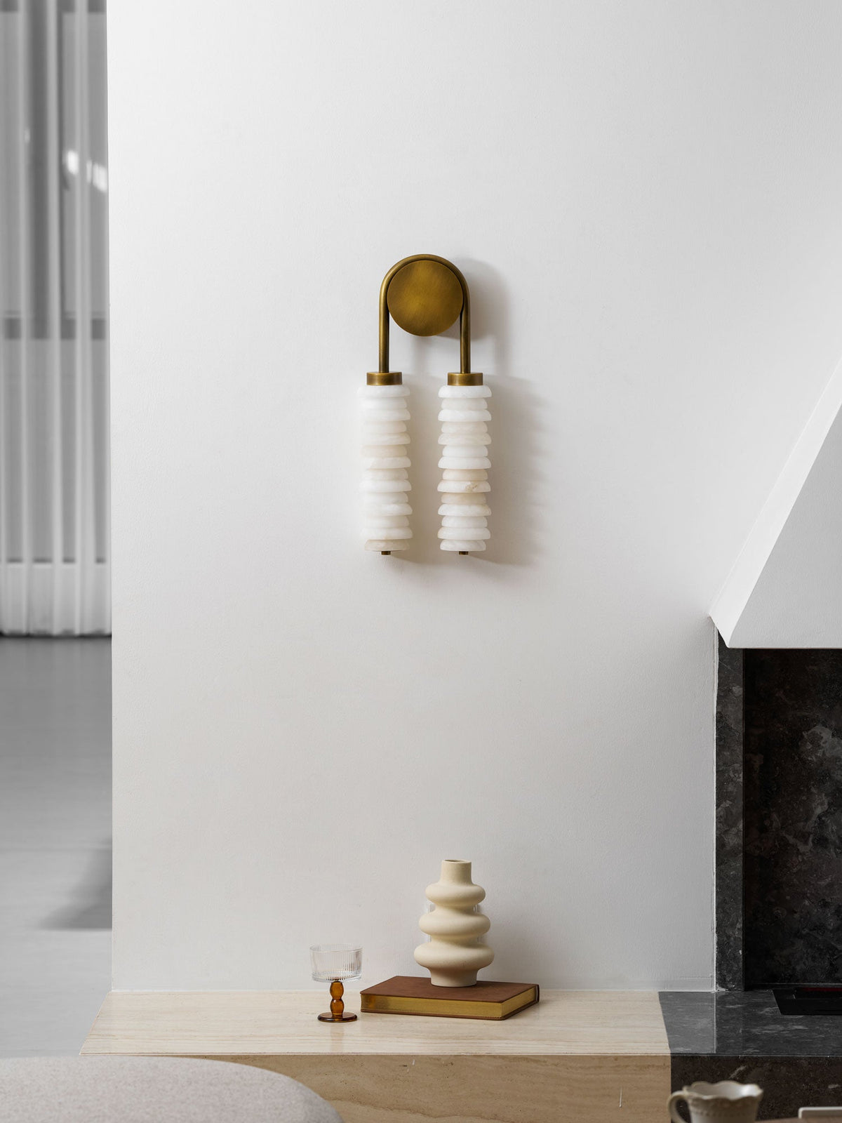 Calla Ribbed Alabaster Wall Sconce with Antique Brass Accents