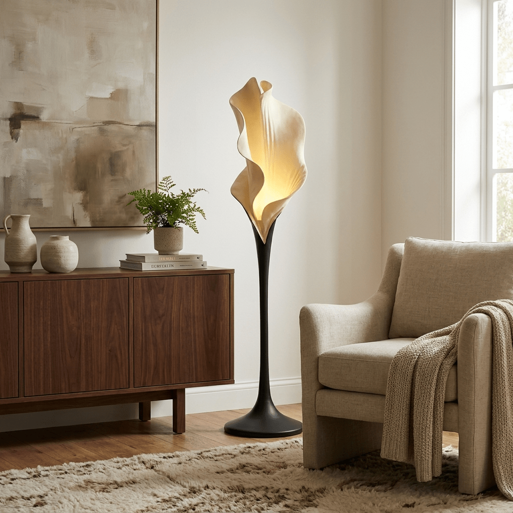 Calla Bloom Sculptural Floor Lamp – Petal-Form Resin Shade with Pedestal Base