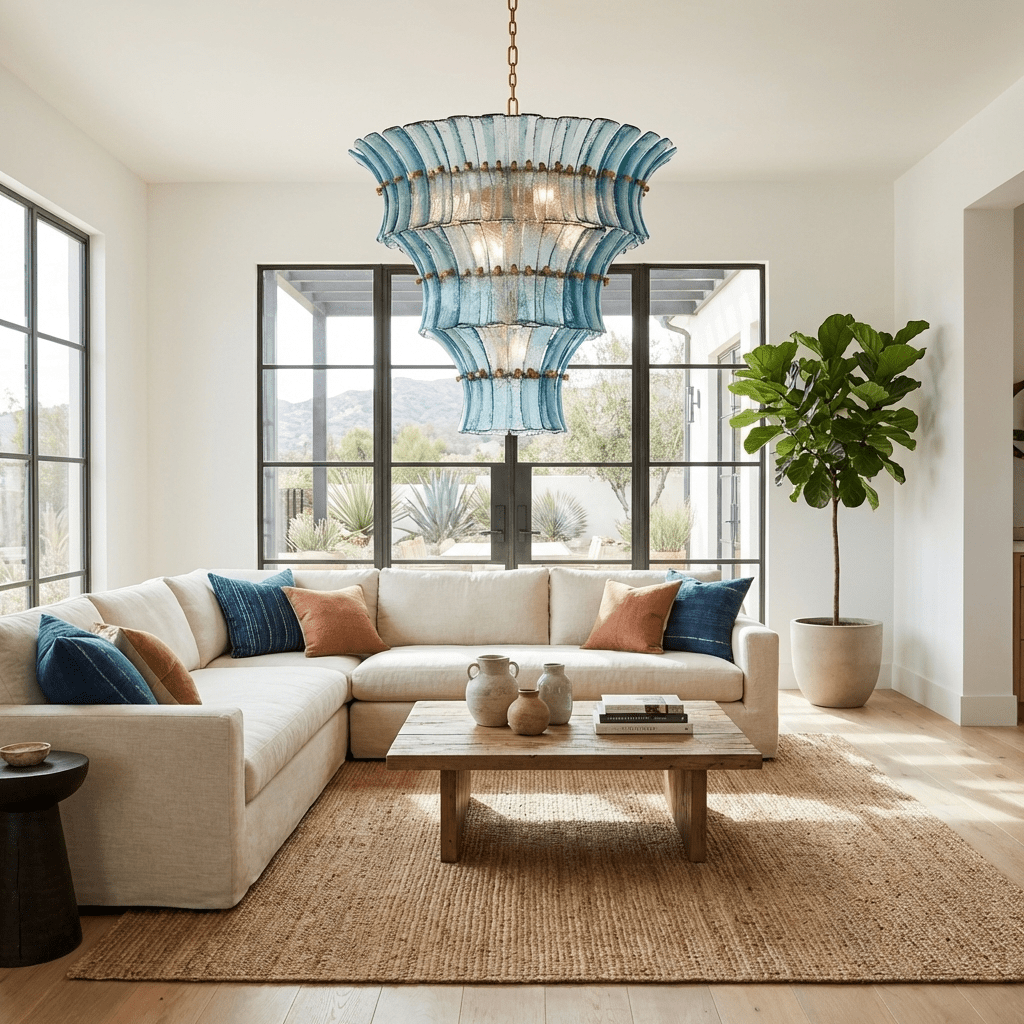 Calyra Tiered Glass Chandelier in Aqua and Brass