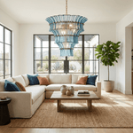 Calyra Tiered Glass Chandelier in Aqua and Brass