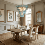 Calyra Tiered Glass Chandelier in Aqua and Brass