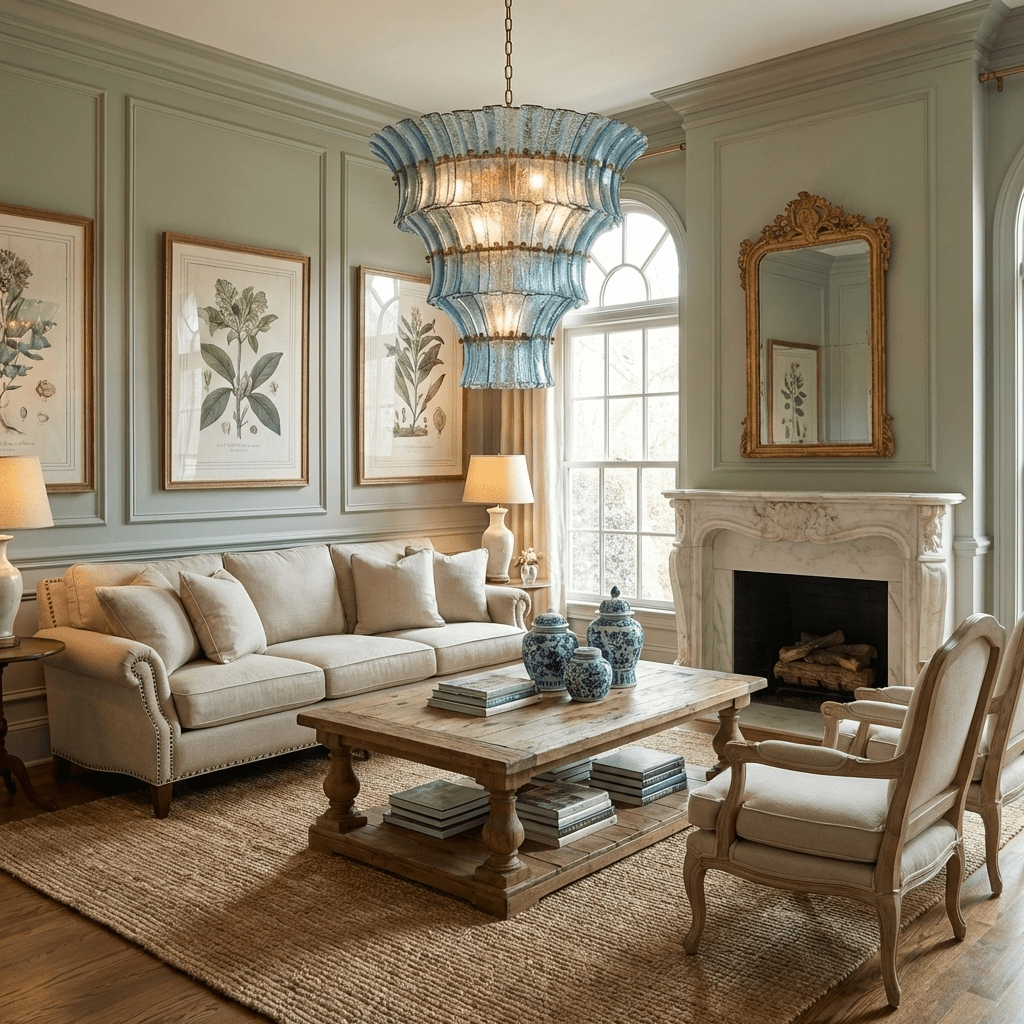 Calyra Tiered Glass Chandelier in Aqua and Brass