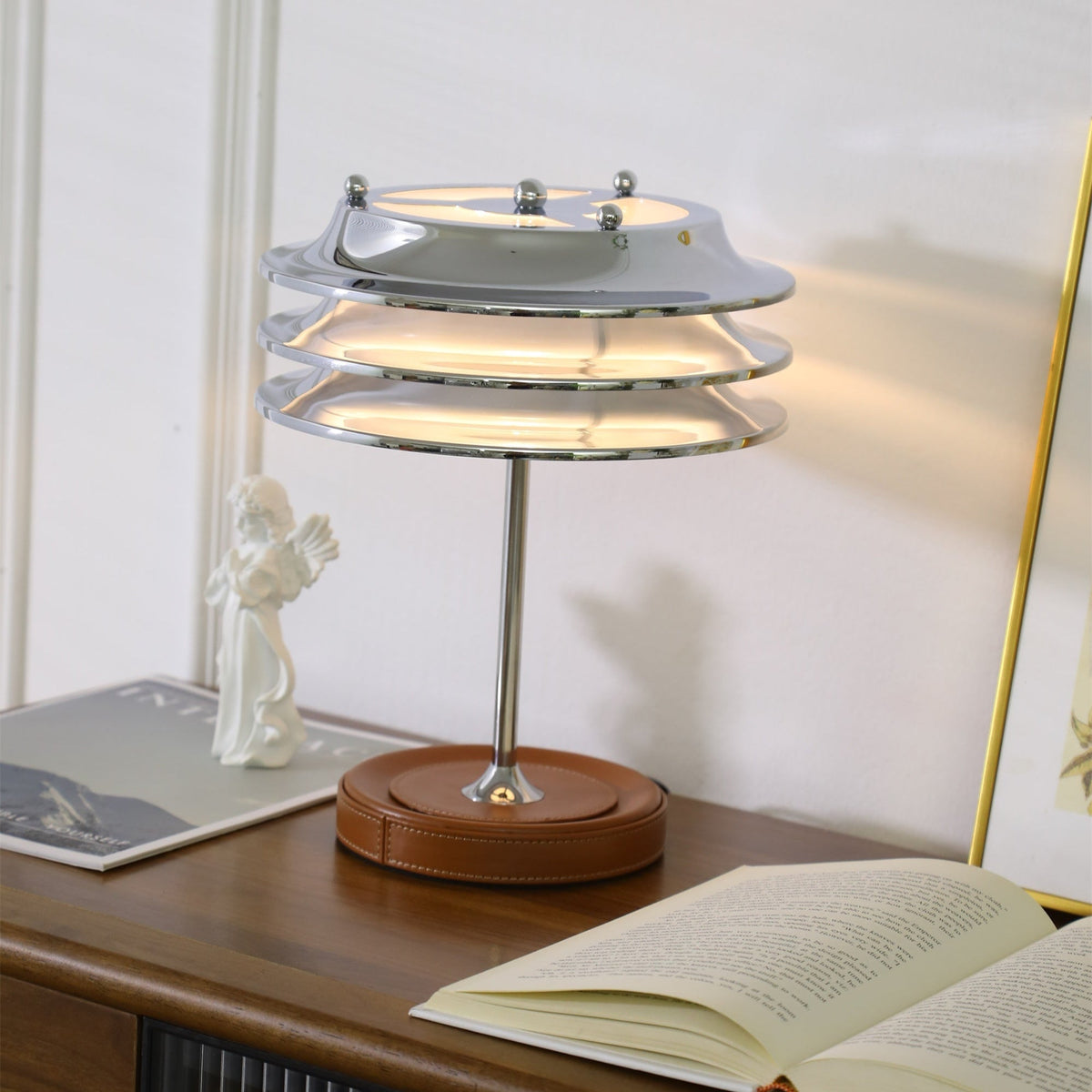 Calystron Sculptural Chrome Table Lamp with Leather Accent