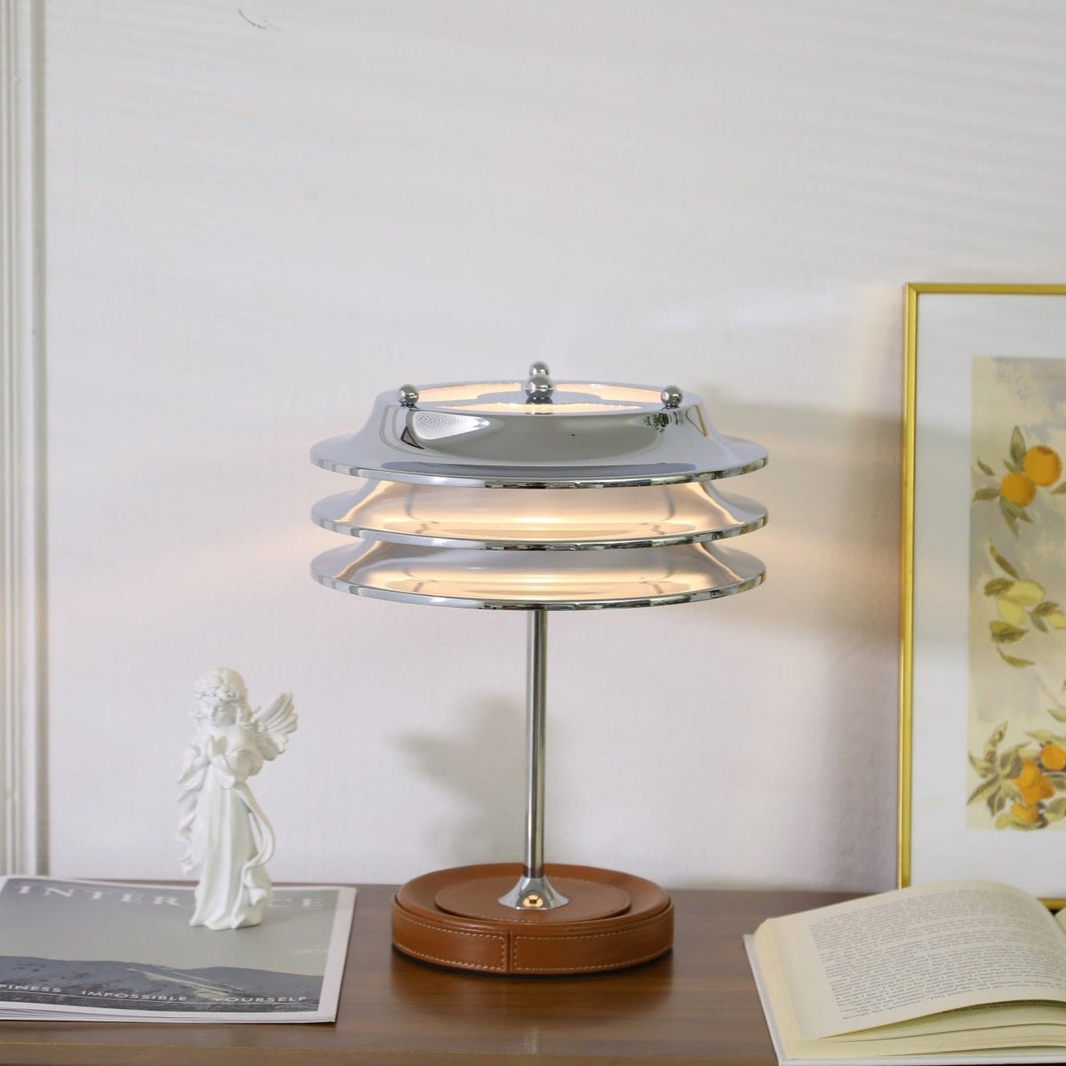 Calystron Sculptural Chrome Table Lamp with Leather Accent