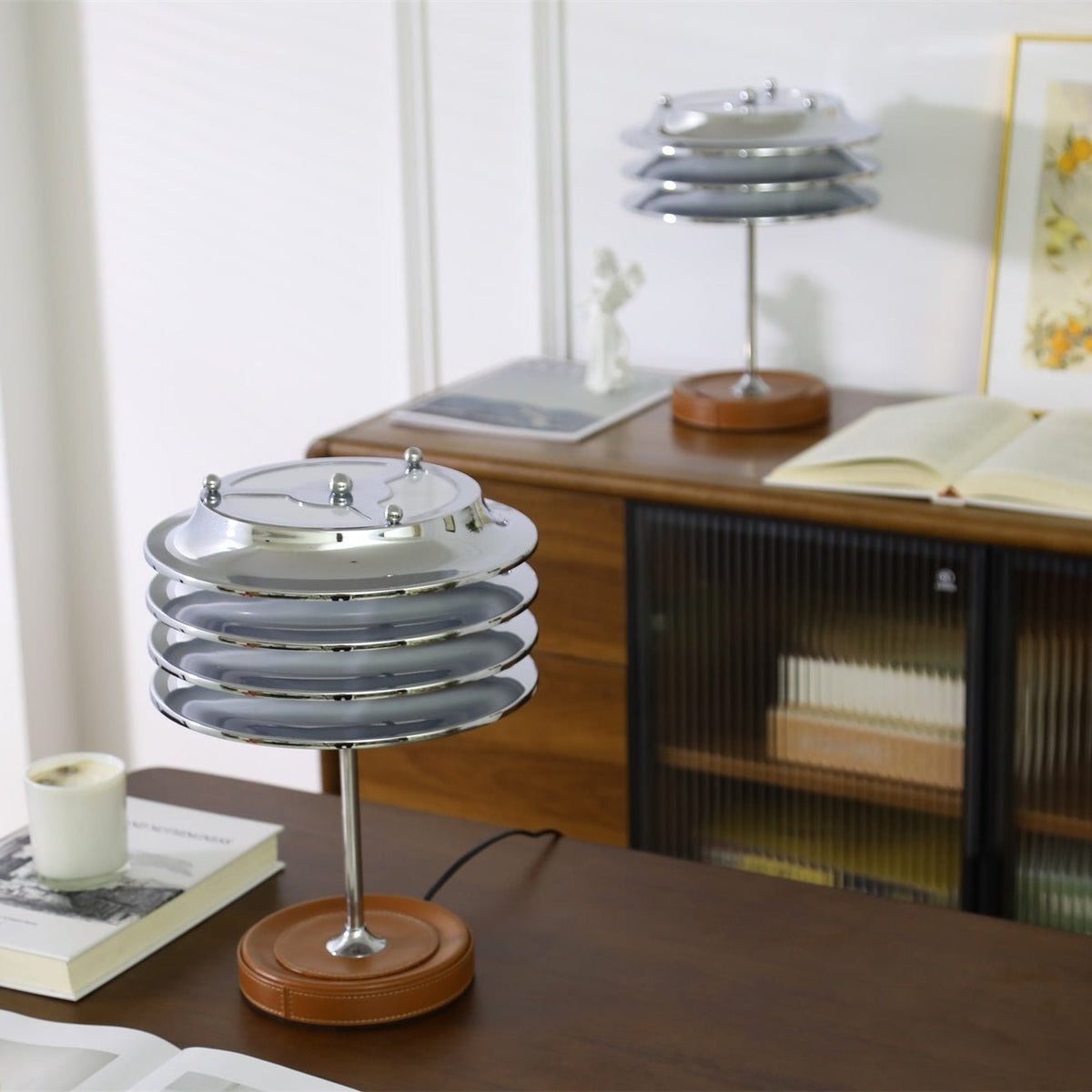 Calystron Sculptural Chrome Table Lamp with Leather Accent