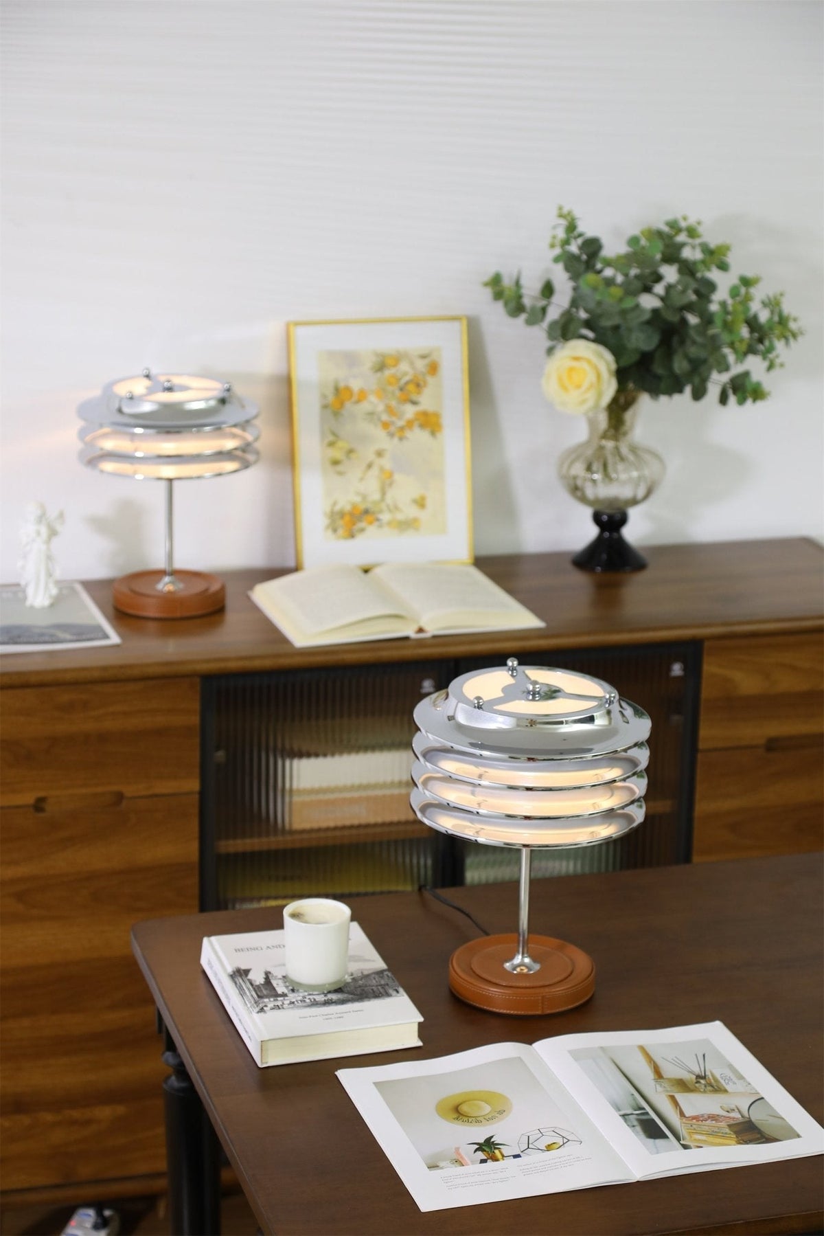 Calystron Sculptural Chrome Table Lamp with Leather Accent
