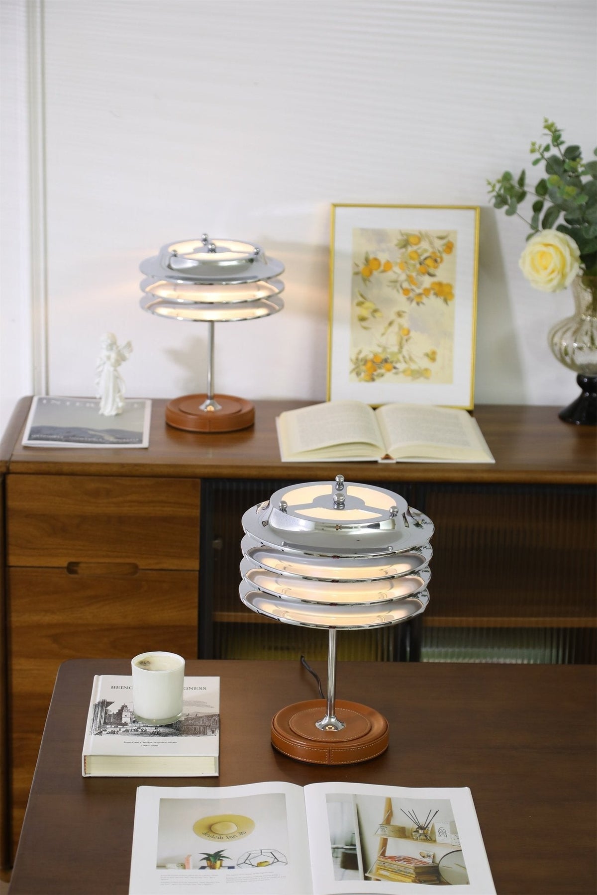 Calystron Sculptural Chrome Table Lamp with Leather Accent