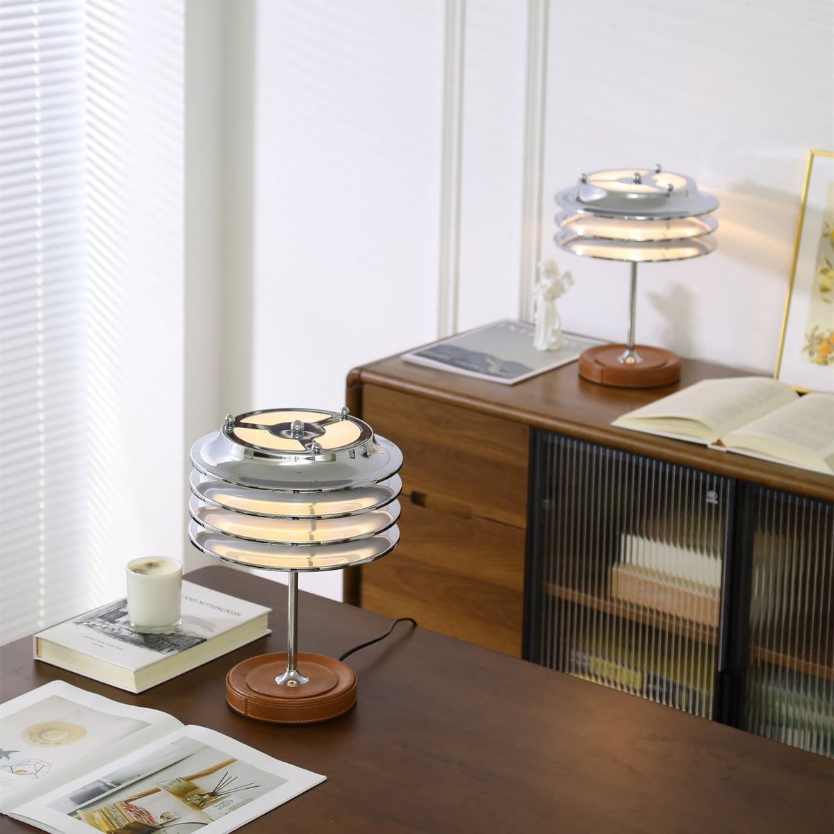 Calystron Sculptural Chrome Table Lamp with Leather Accent