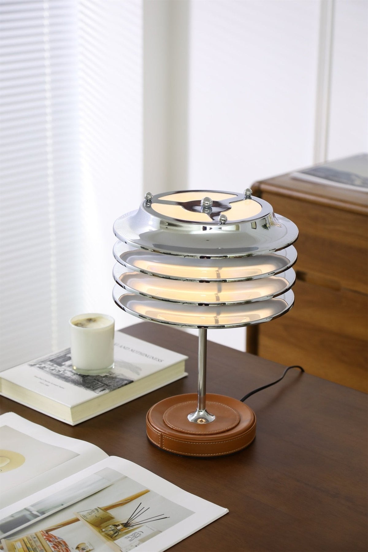 Calystron Sculptural Chrome Table Lamp with Leather Accent
