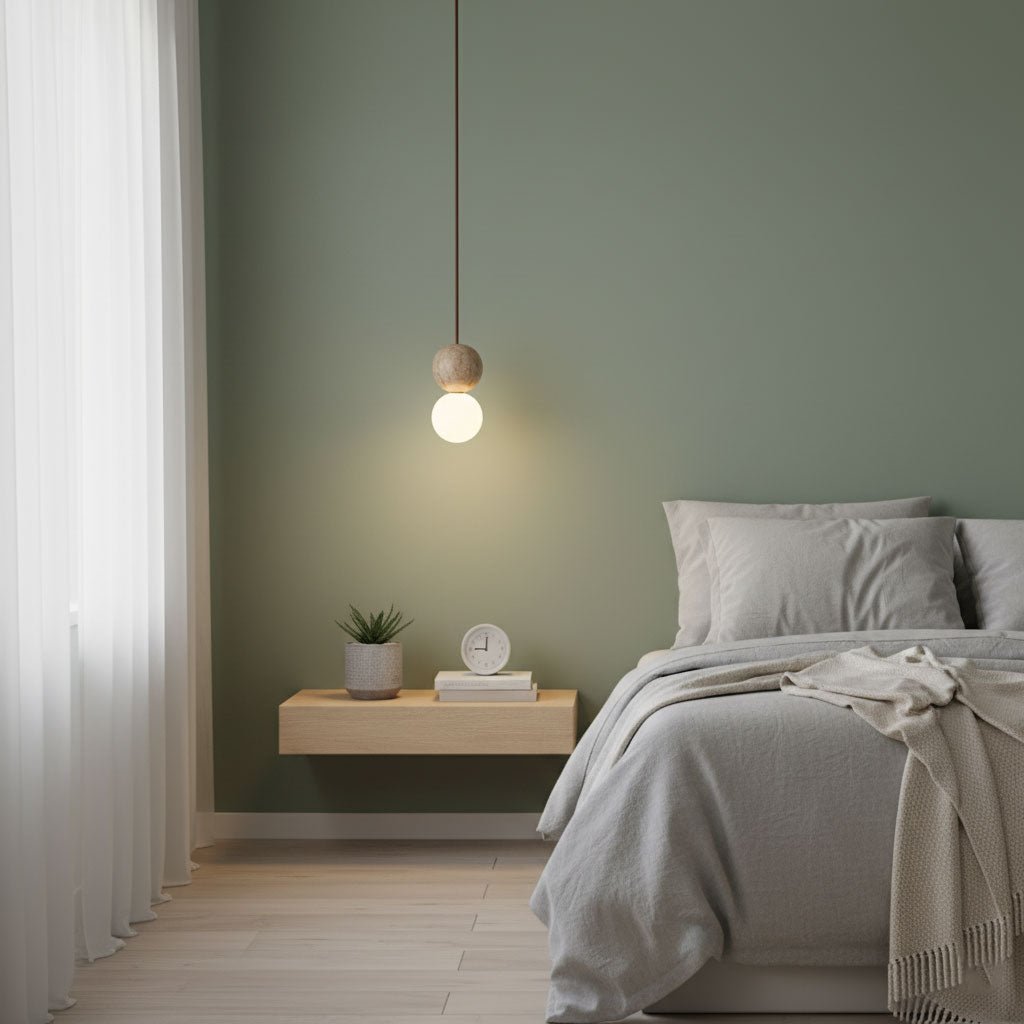 Camille Travertine Pendant Light – Natural Stone Sphere with Opal Glass Globe