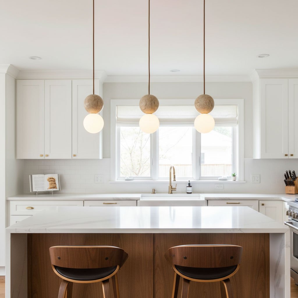 Camille Travertine Pendant Light – Natural Stone Sphere with Opal Glass Globe
