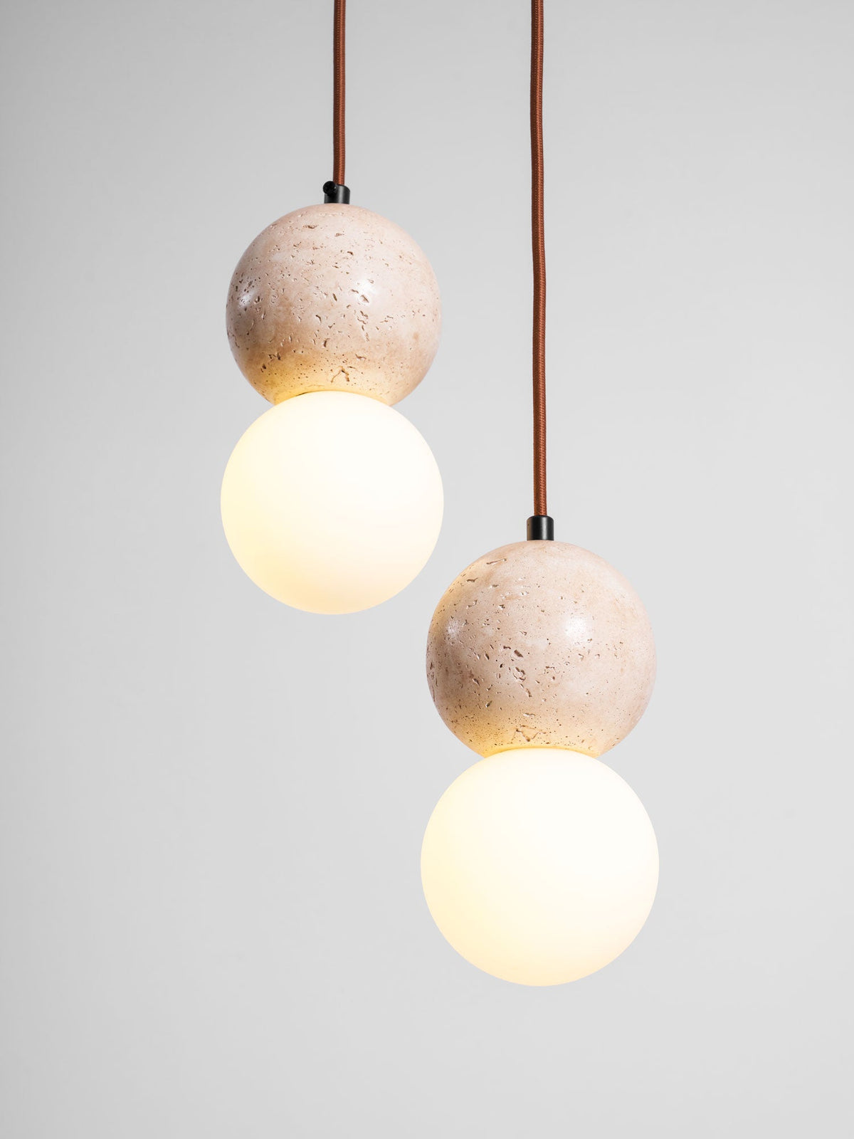 Camille Travertine Pendant Light – Natural Stone Sphere with Opal Glass Globe
