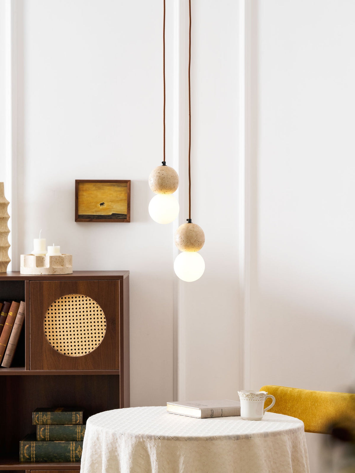 Camille Travertine Pendant Light – Natural Stone Sphere with Opal Glass Globe