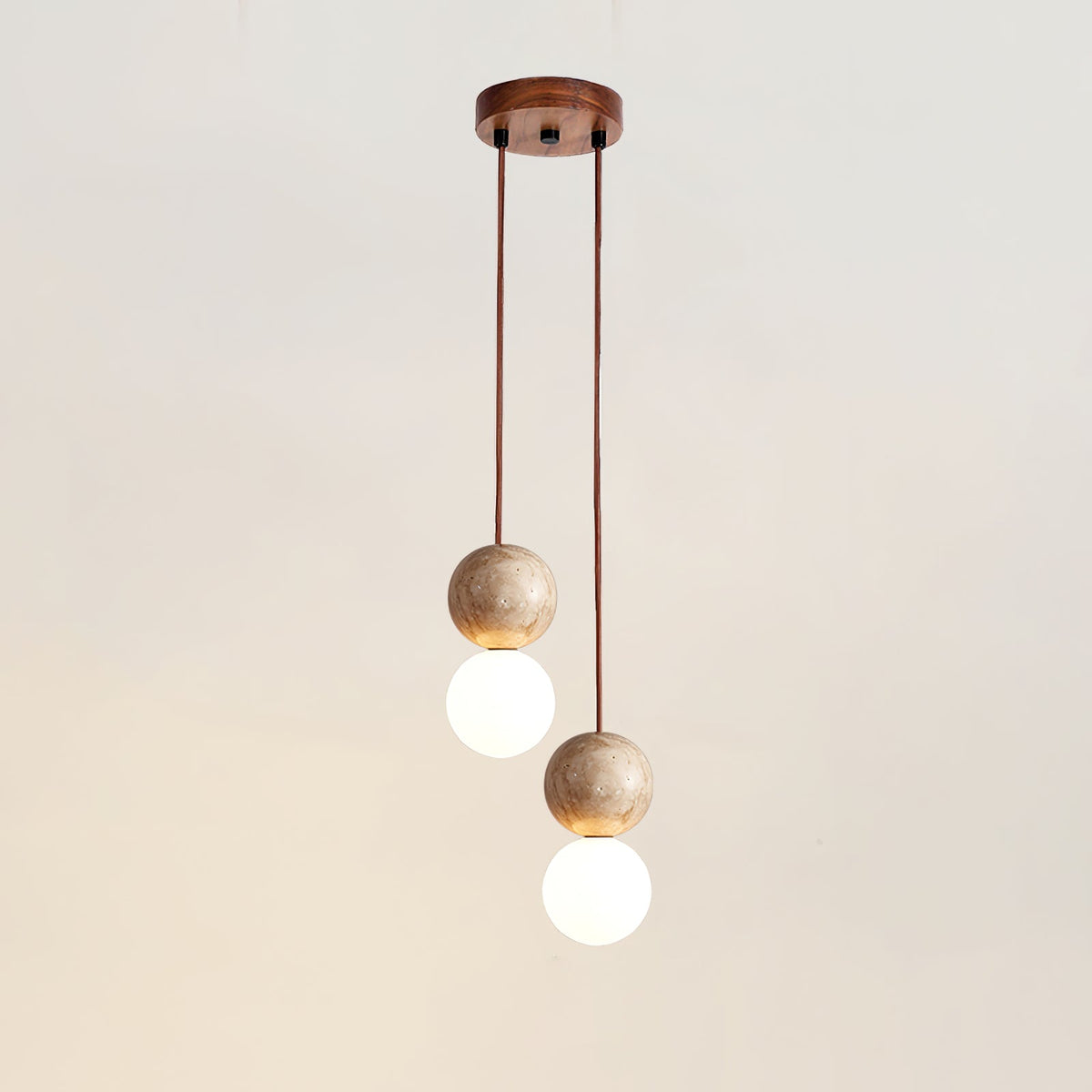 Camille Travertine Pendant Light – Natural Stone Sphere with Opal Glass Globe