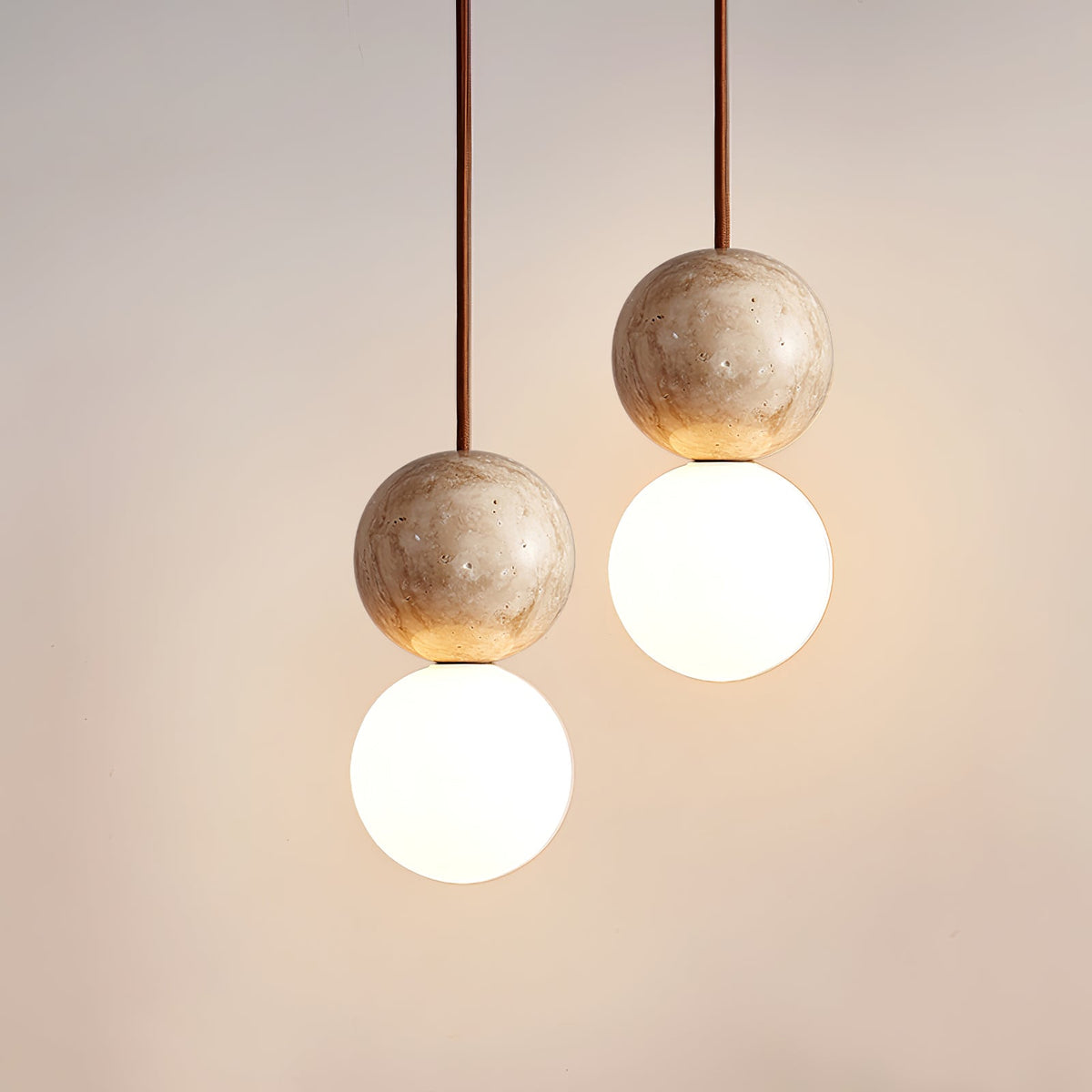 Camille Travertine Pendant Light – Natural Stone Sphere with Opal Glass Globe