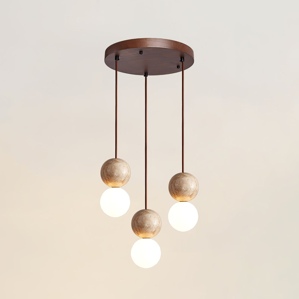 Camille Travertine Pendant Light – Natural Stone Sphere with Opal Glass Globe