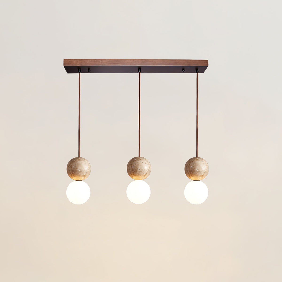 Camille Travertine Pendant Light – Natural Stone Sphere with Opal Glass Globe