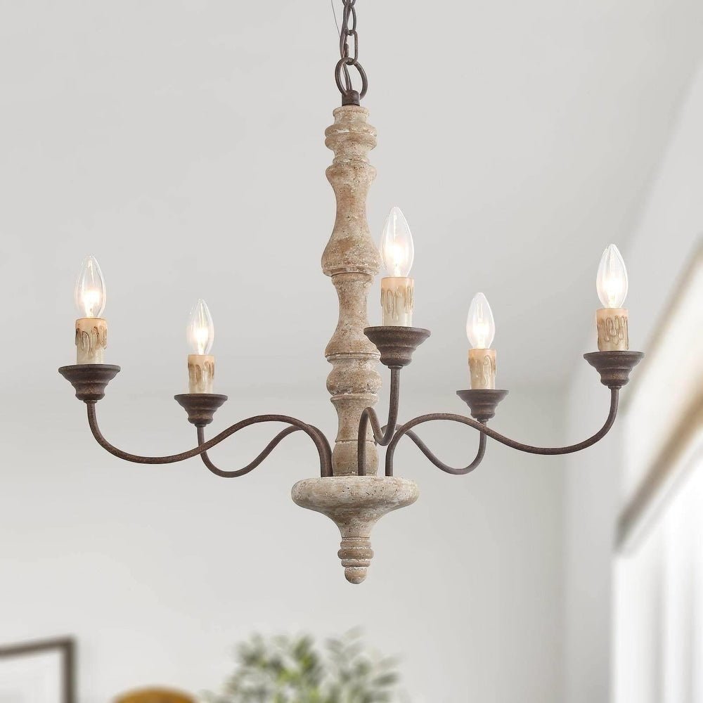 Candlestick Farmhouse Chandelier – Rustic Iron & Wood 5-Light Pendant for Dining Room