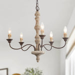 Candlestick Farmhouse Chandelier – Rustic Iron & Wood 5-Light Pendant for Dining Room