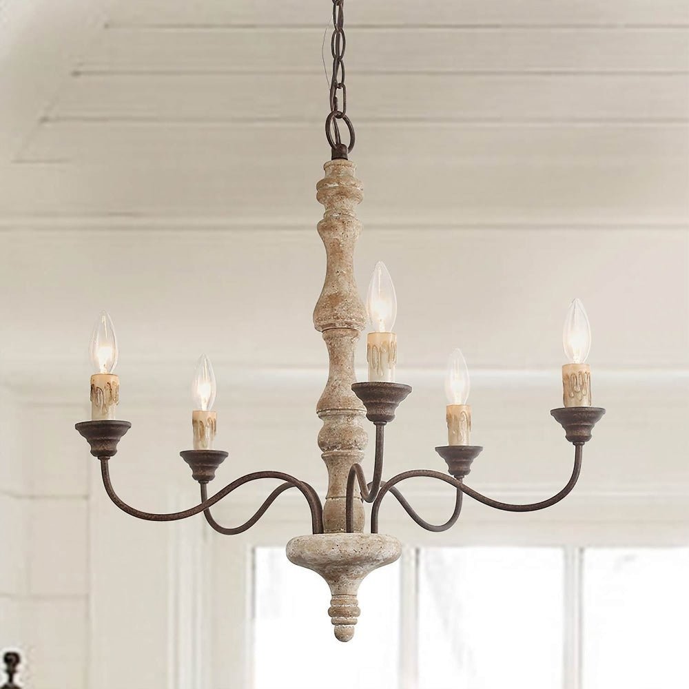 Candlestick Farmhouse Chandelier – Rustic Iron & Wood 5-Light Pendant for Dining Room