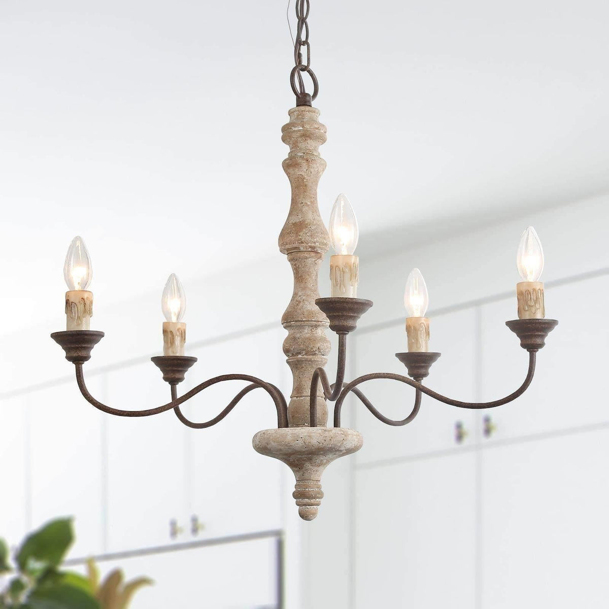 Candlestick Farmhouse Chandelier – Rustic Iron & Wood 5-Light Pendant for Dining Room