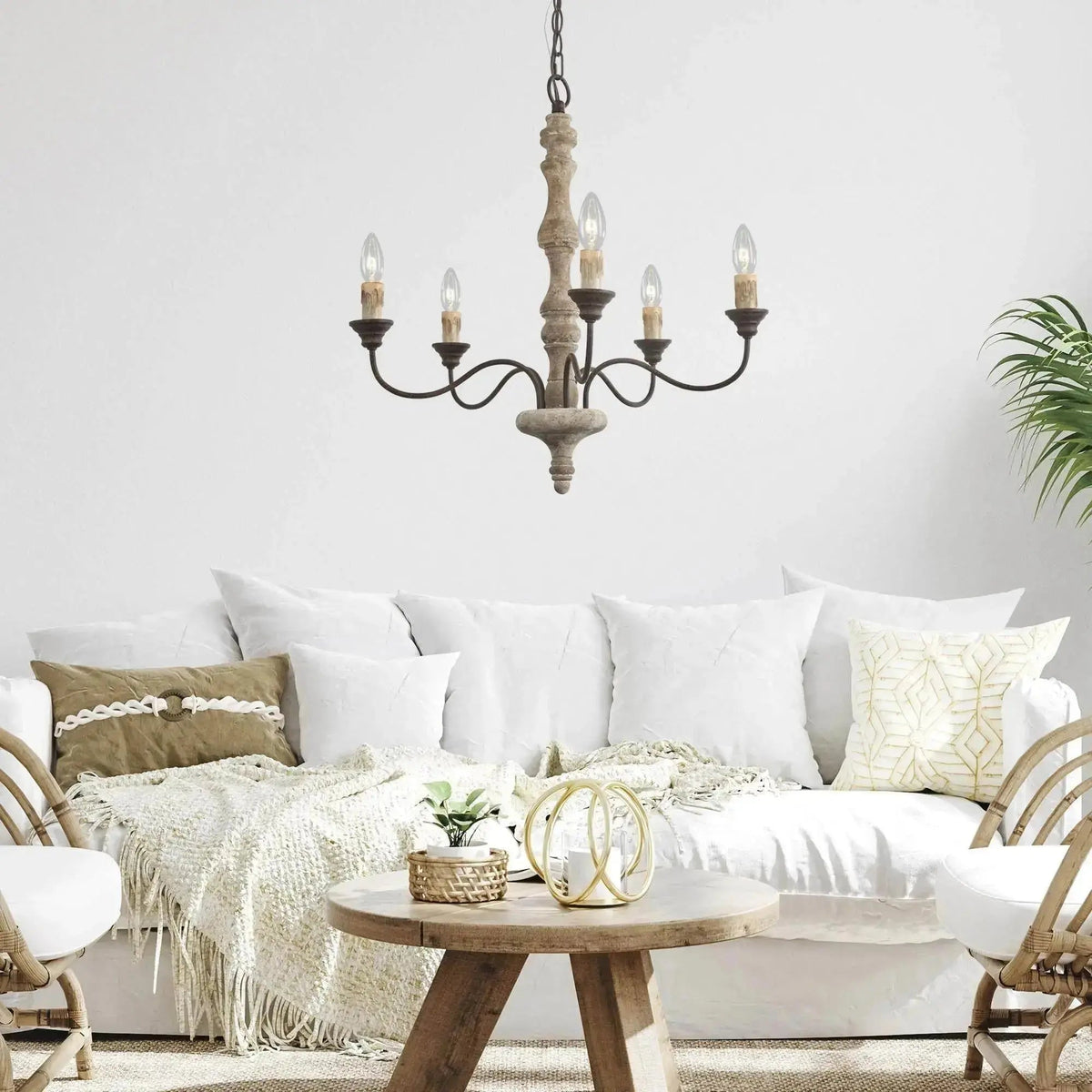 Candlestick Farmhouse Chandelier – Rustic Iron & Wood 5-Light Pendant for Dining Room