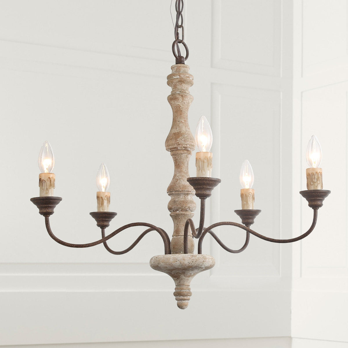 Candlestick Farmhouse Chandelier – Rustic Iron & Wood 5-Light Pendant for Dining Room