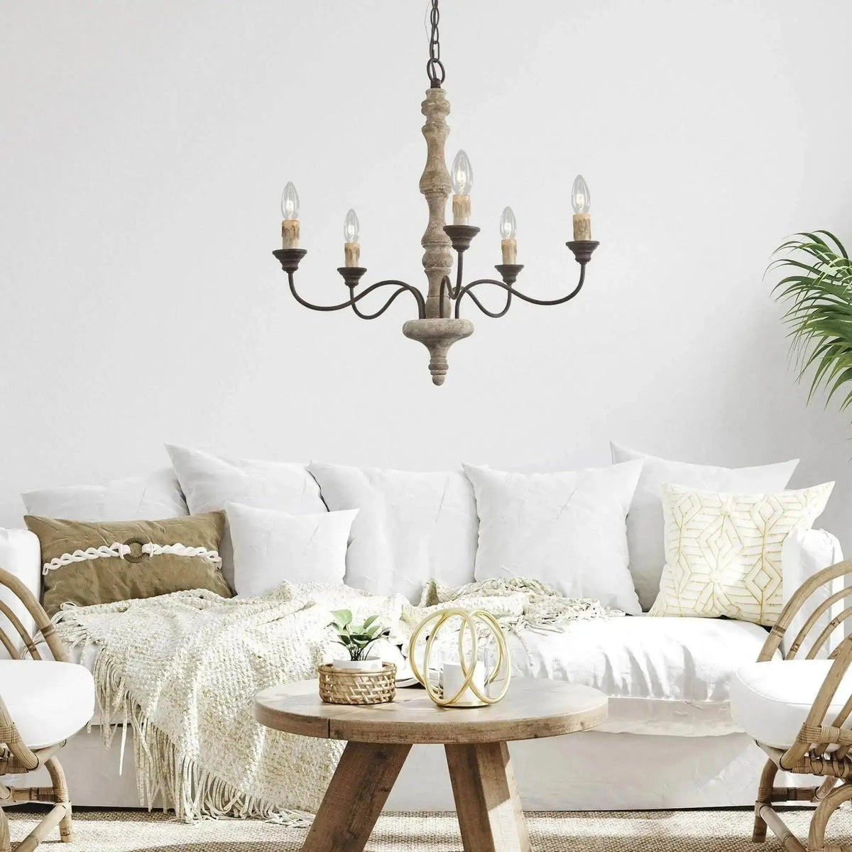 Candlestick Farmhouse Chandelier – Rustic Iron & Wood 5-Light Pendant for Dining Room