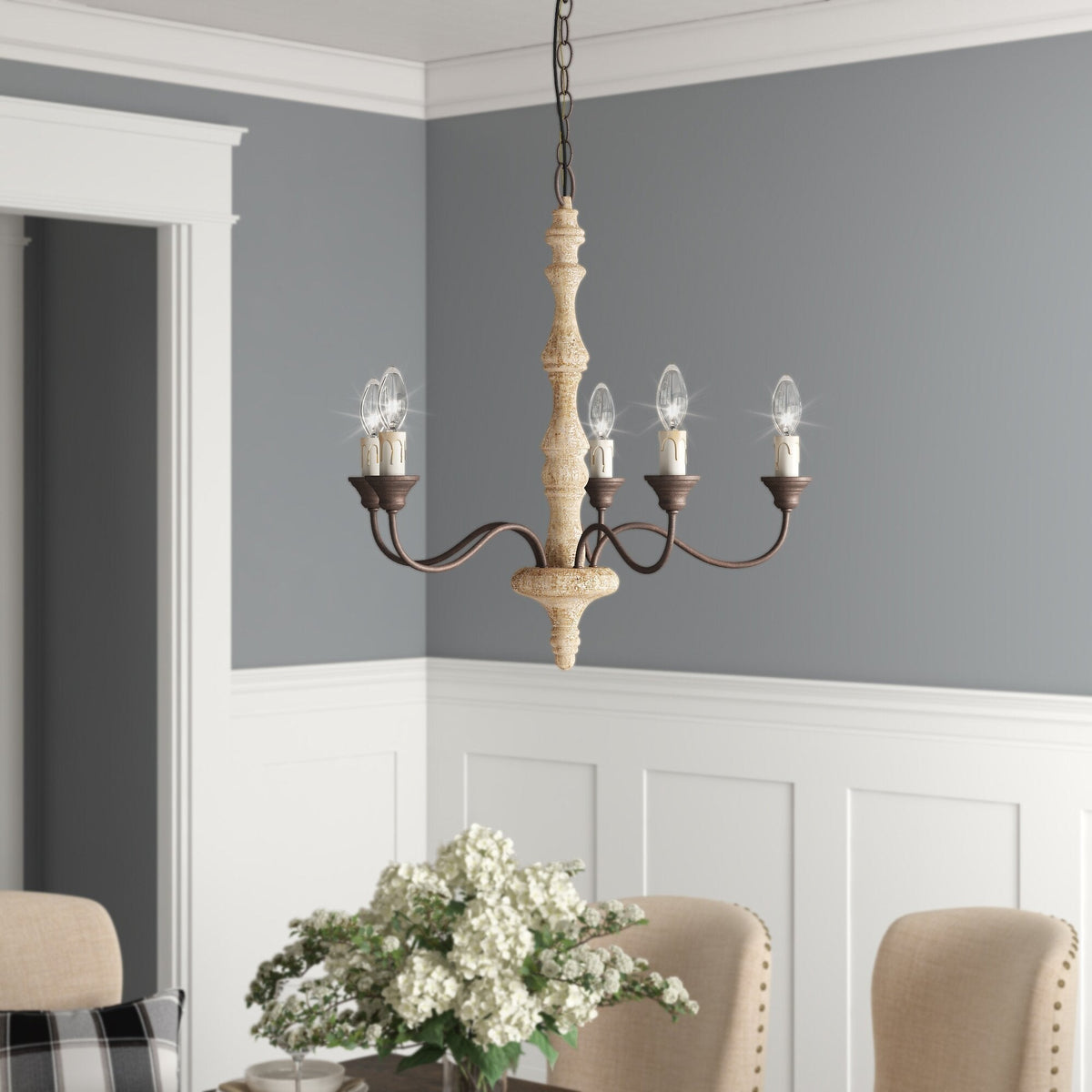 Candlestick Farmhouse Chandelier – Rustic Iron & Wood 5-Light Pendant for Dining Room