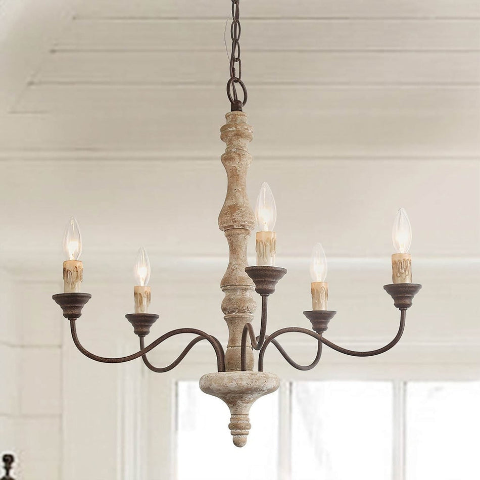 Candlestick Farmhouse Chandelier – Rustic Iron & Wood 5-Light Pendant for Dining Room