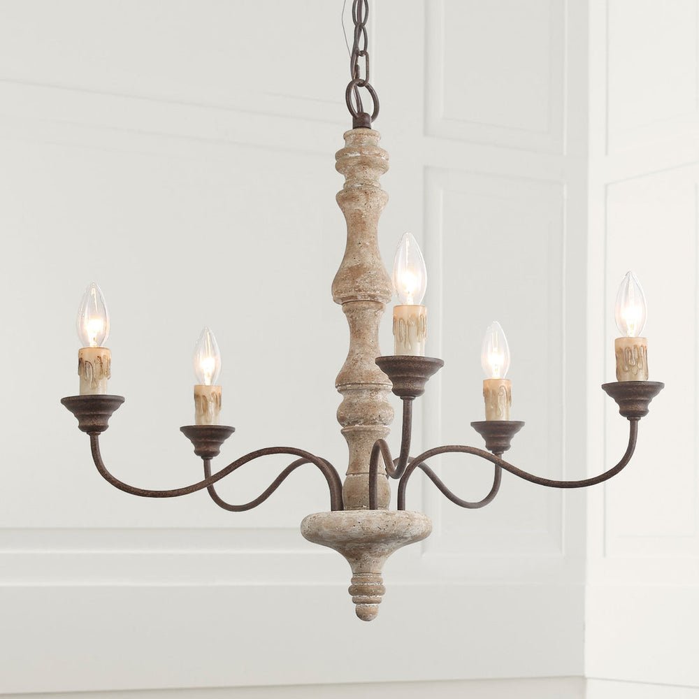 Candlestick Farmhouse Chandelier – Rustic Iron & Wood 5-Light Pendant for Dining Room