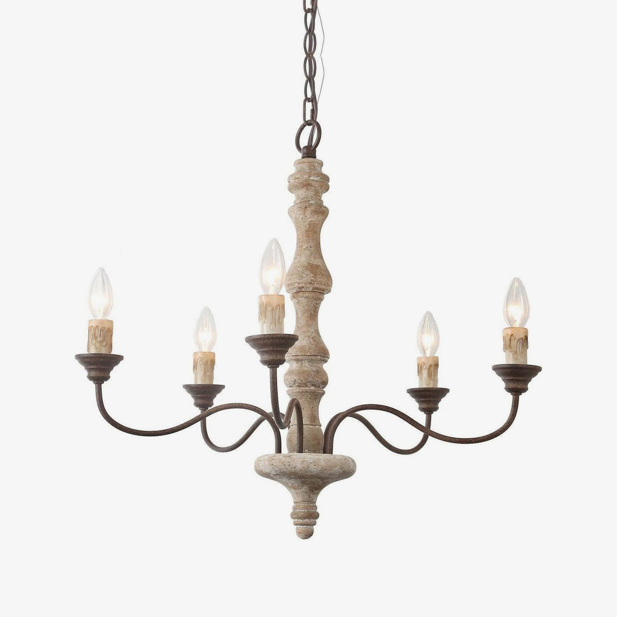 Candlestick Farmhouse Chandelier – Rustic Iron & Wood 5-Light Pendant for Dining Room