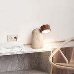 Capsule Stone Table Lamp with Travertine Base and Walnut Accent