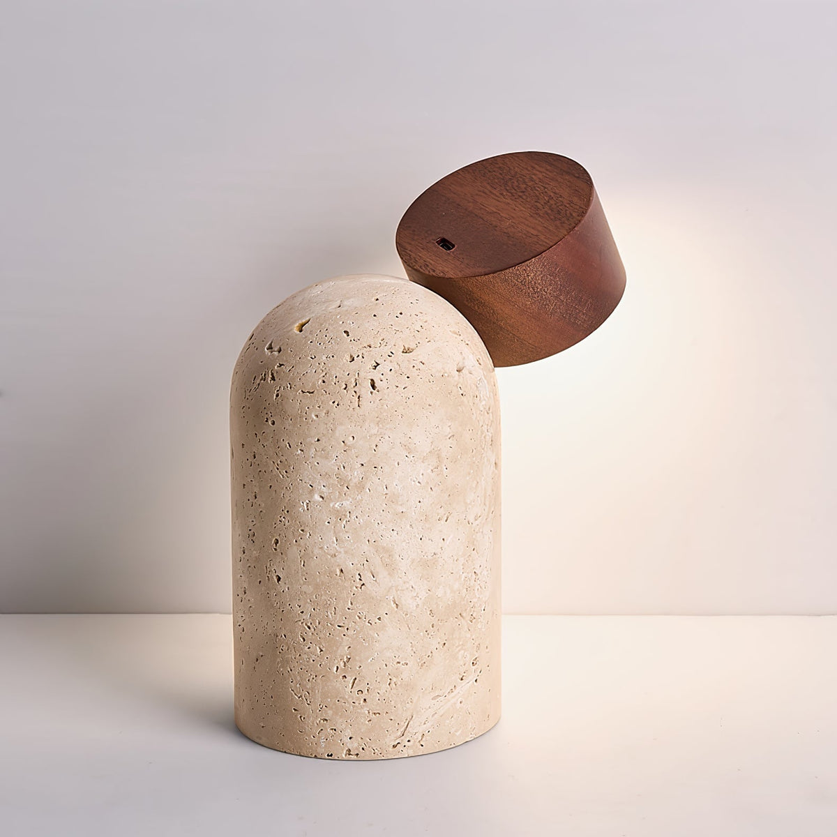 Capsule Stone Table Lamp with Travertine Base and Walnut Accent