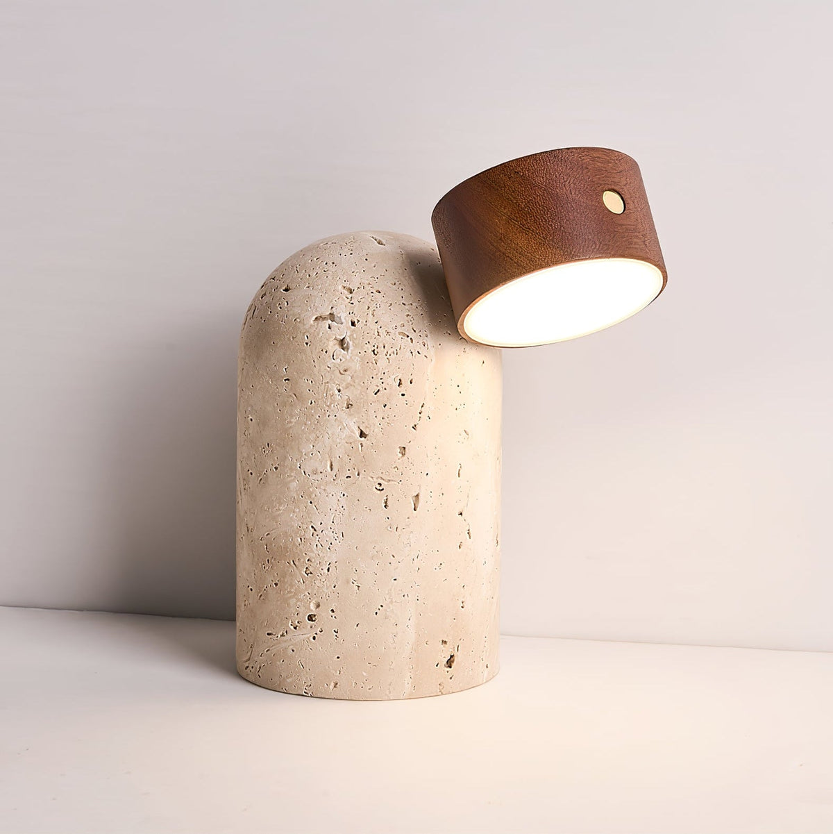 Capsule Stone Table Lamp with Travertine Base and Walnut Accent