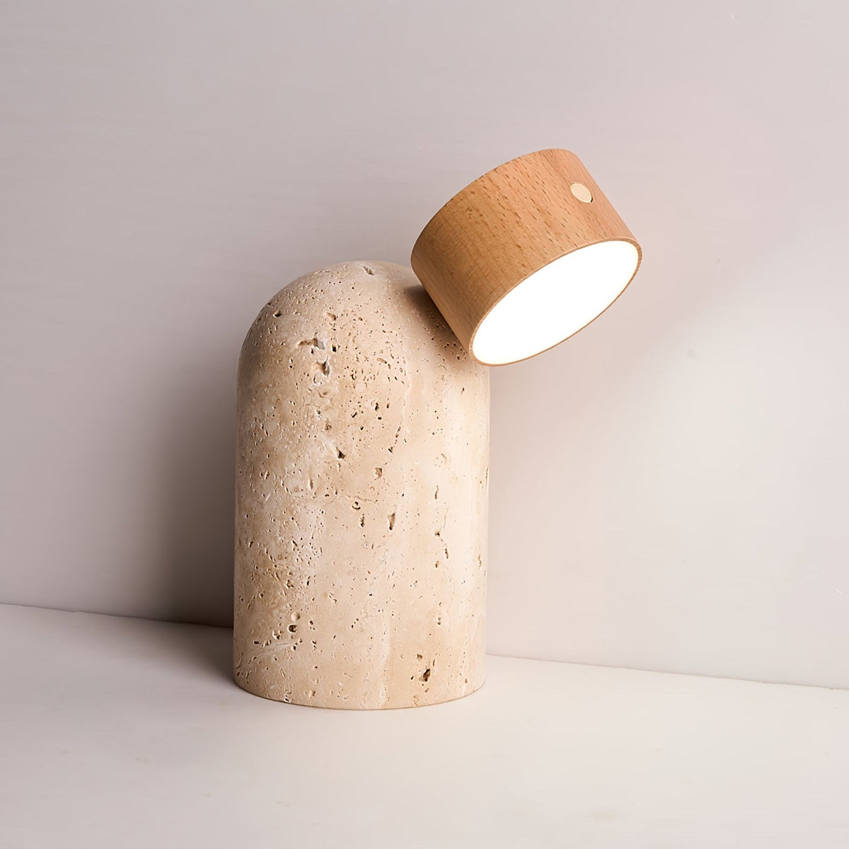 Capsule Stone Table Lamp with Travertine Base and Walnut Accent