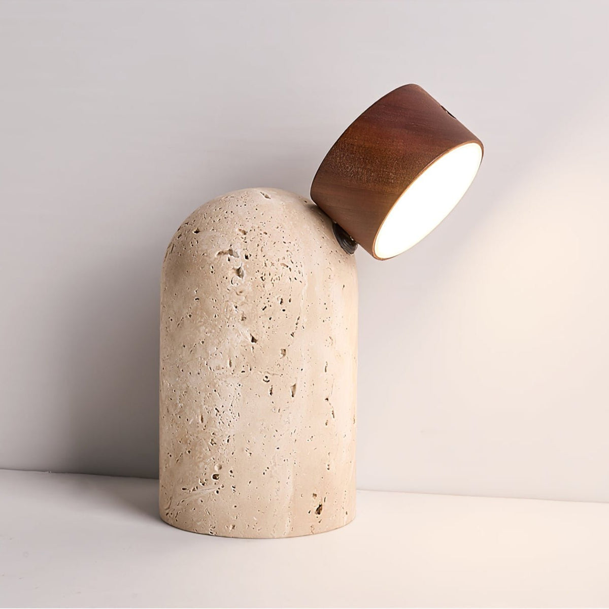 Capsule Stone Table Lamp with Travertine Base and Walnut Accent