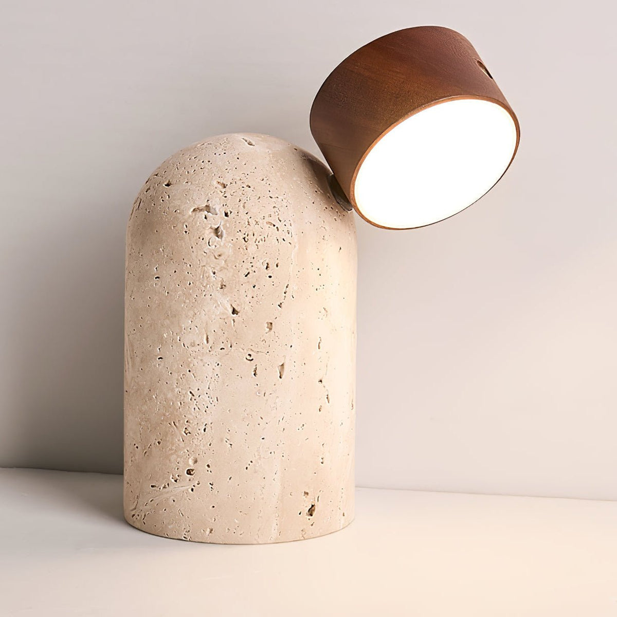 Capsule Stone Table Lamp with Travertine Base and Walnut Accent