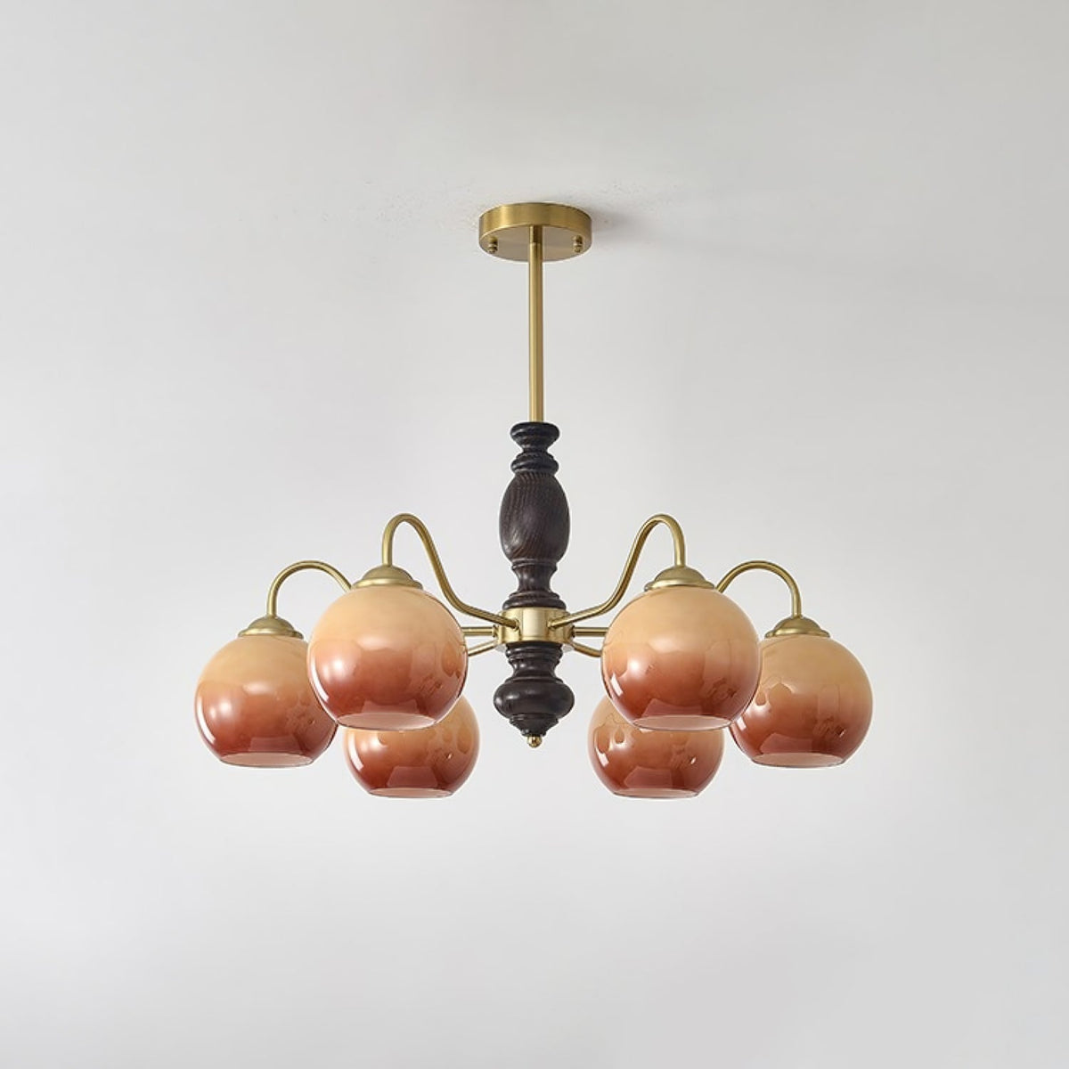 Caramel Glass Orb Chandelier with Gold and Walnut Finishes