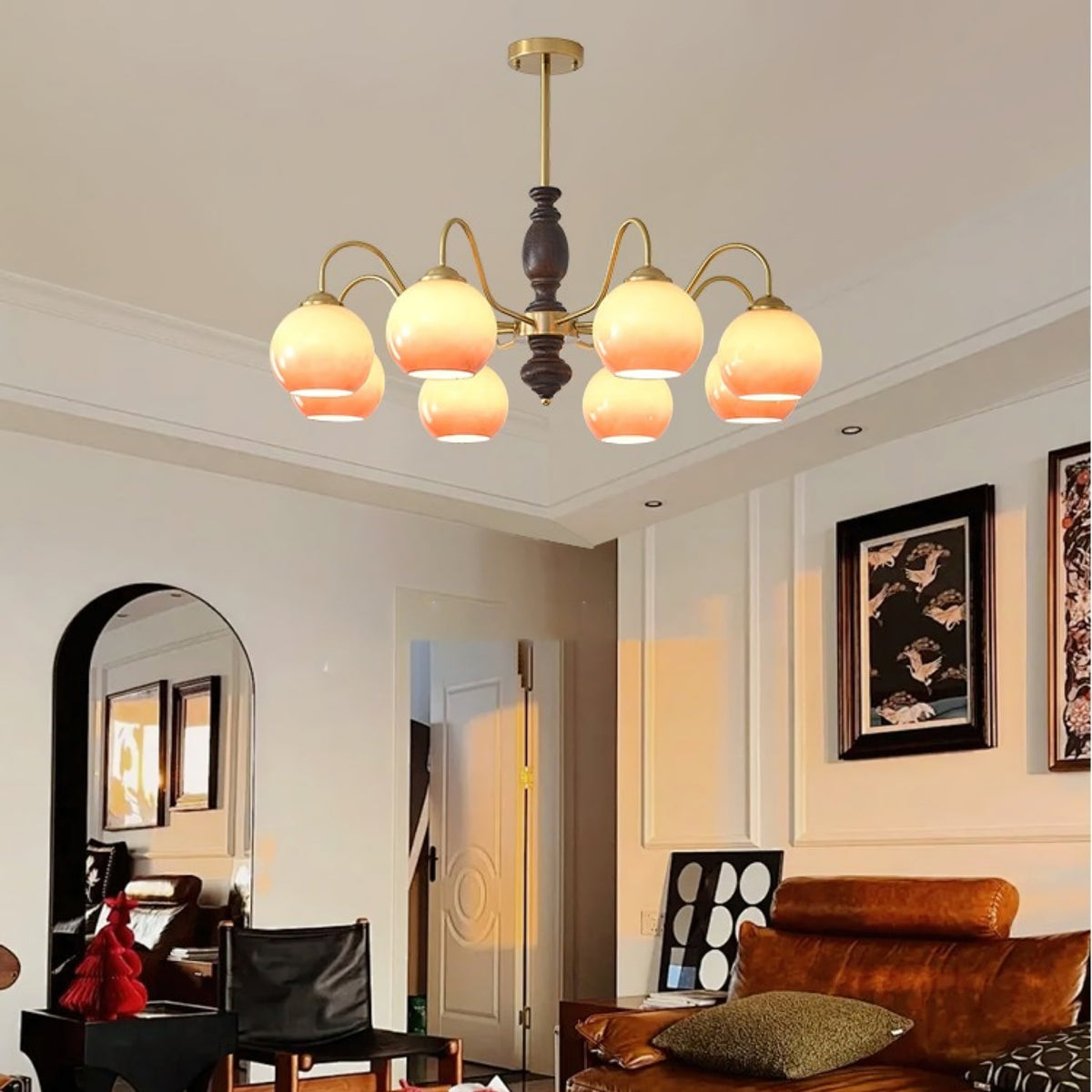 Caramel Glass Orb Chandelier with Gold and Walnut Finishes