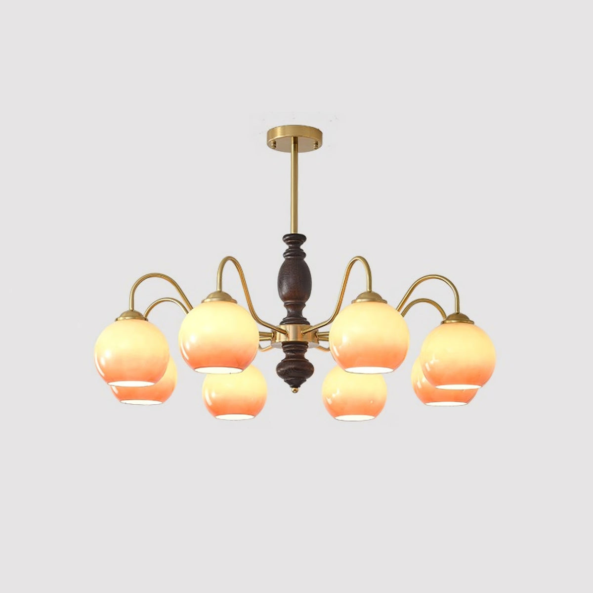 Caramel Glass Orb Chandelier with Gold and Walnut Finishes