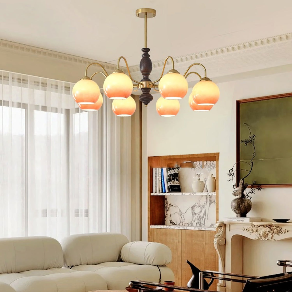 Caramel Glass Orb Chandelier with Gold and Walnut Finishes