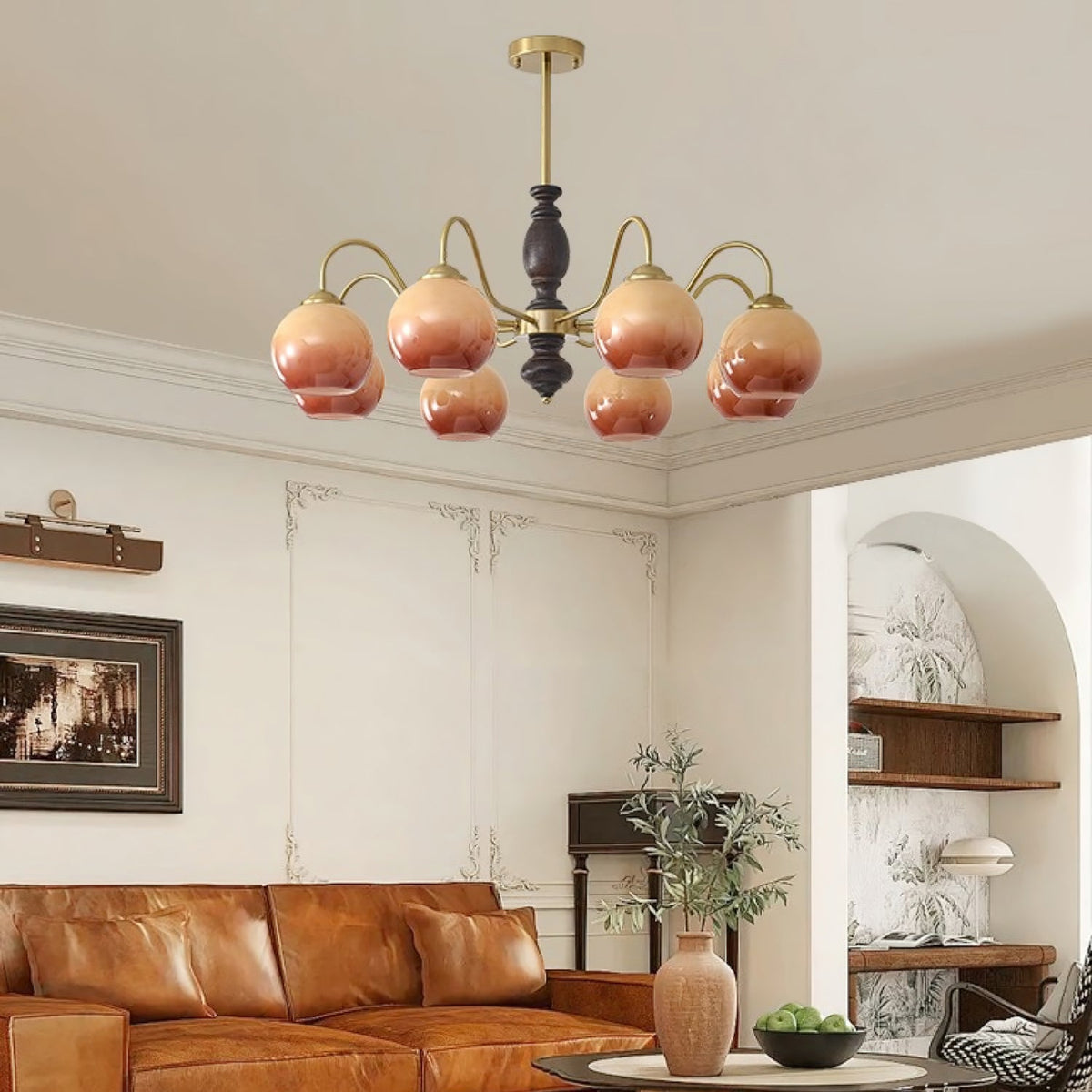 Caramel Glass Orb Chandelier with Gold and Walnut Finishes