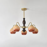 Caramel Glass Orb Chandelier with Gold and Walnut Finishes