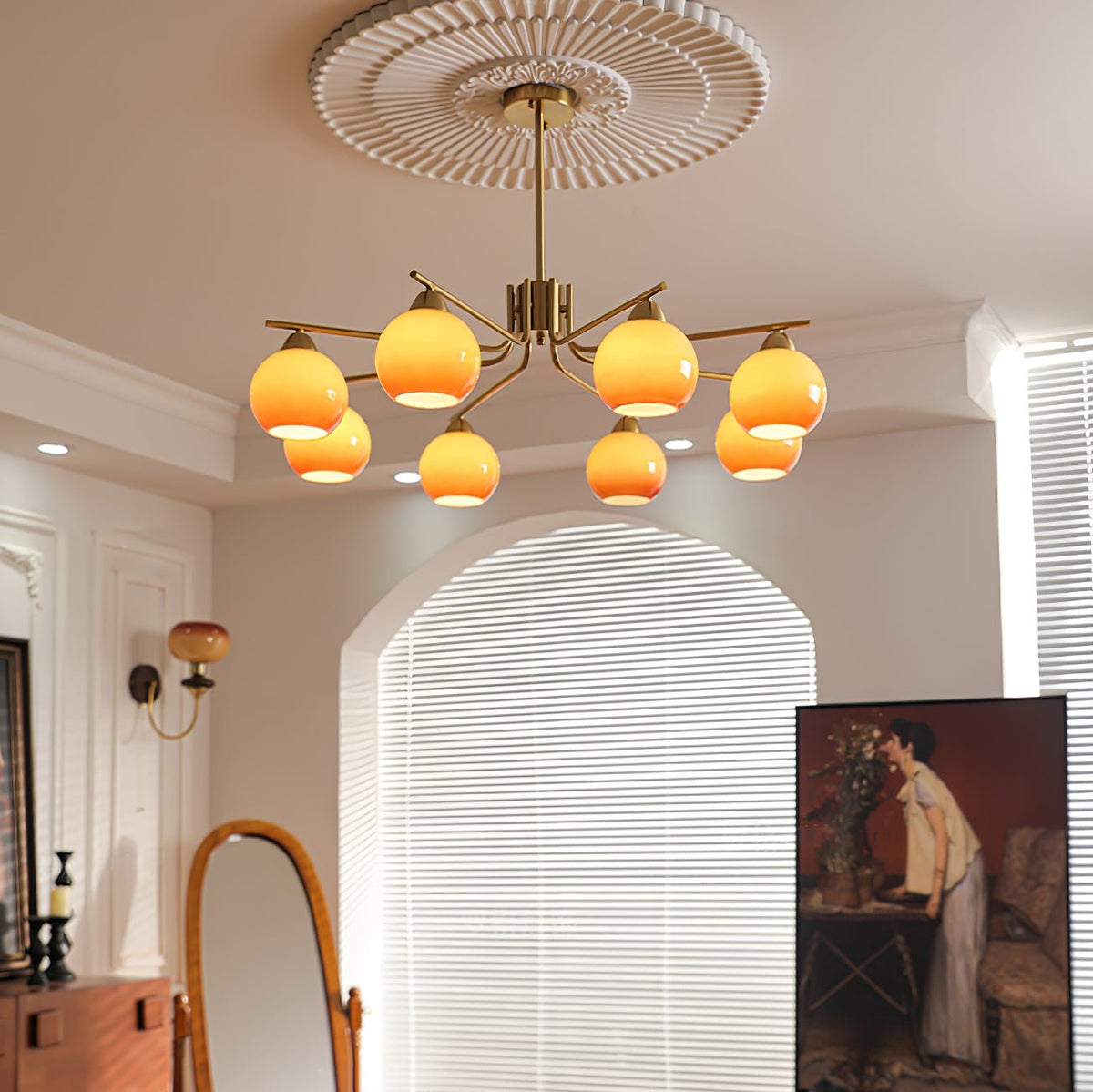 Caramel Glass Globe Chandelier in Gold for Dining Room and Living Room