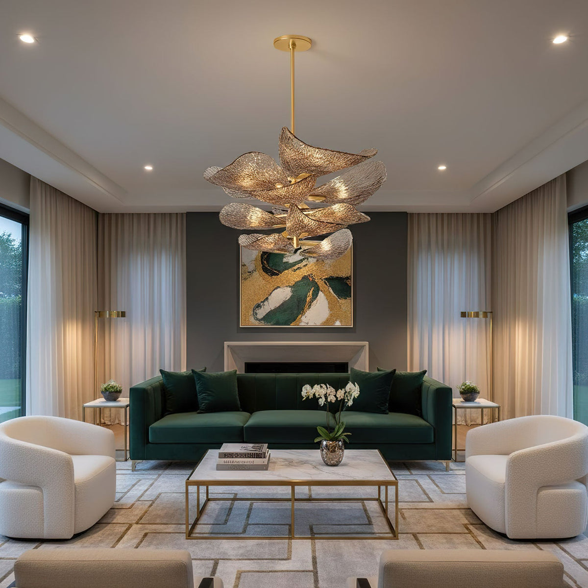 Cardiff Modern Glass Chandelier with Gold Leaf Finish for Dining Room and Living Room