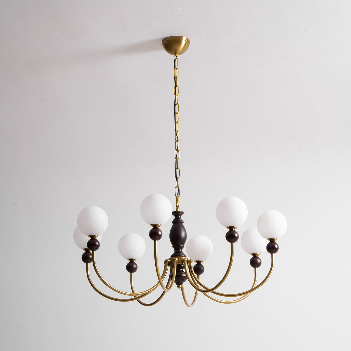 Carmina Orbital Chandelier – Modern Glass and Wood Designer Ceiling Light