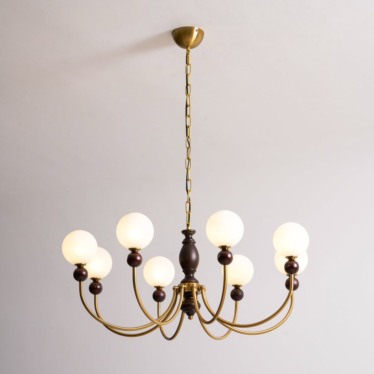 Carmina Orbital Chandelier – Modern Glass and Wood Designer Ceiling Light