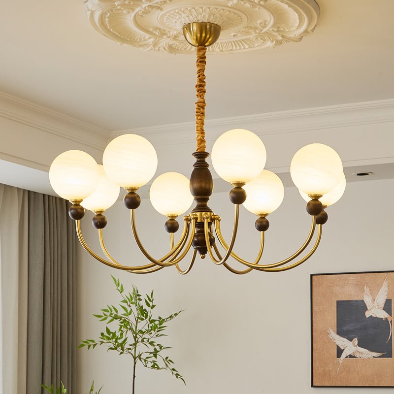 Carmina Orbital Chandelier – Modern Glass and Wood Designer Ceiling Light
