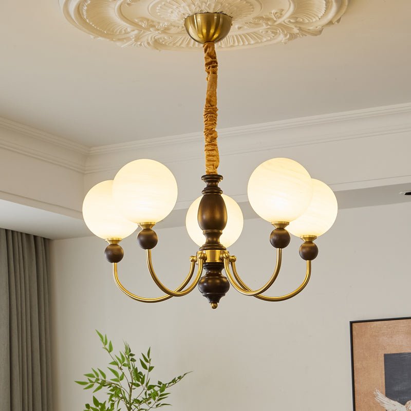 Carmina Orbital Chandelier – Modern Glass and Wood Designer Ceiling Light